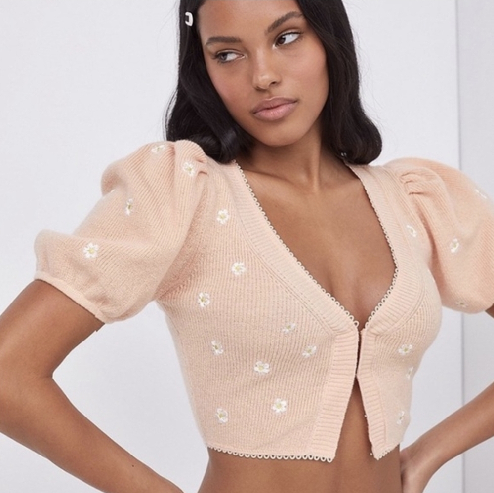 For Love & Lemons Embroidered Buds Puff Sleeve Cropped Cardigan M - Picture 5 of 15